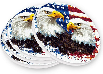Coasters for Drinks Coaster Drink Set Decorative Coffee Table Desk Cup Mat Spring Cute Cork Bar Backing Round Home Decor Pixel Bald Eagle USA Flags White33