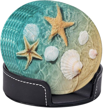 6 Pcs Starfish and Seashell On The Summer Beach in Sea Water. Leather Coasters - Image 3