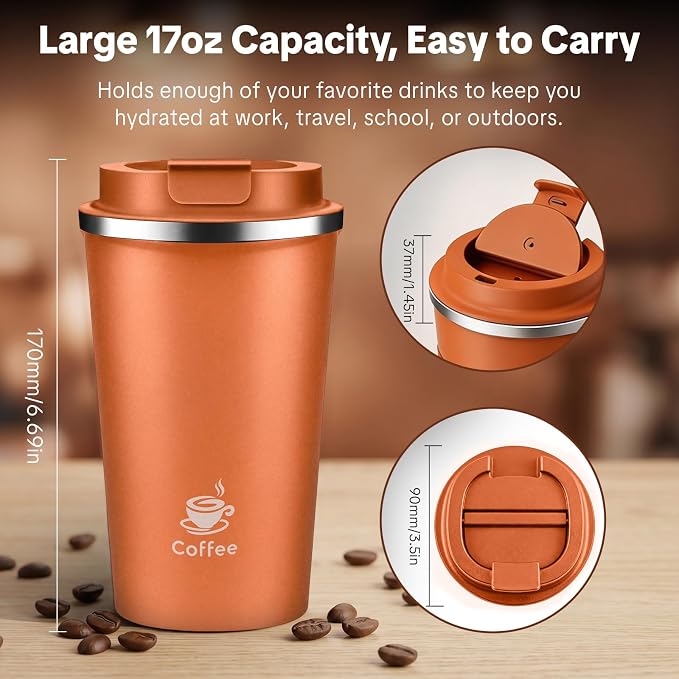 17oz Travel Coffee Mug, Leakproof Vacuum Coffee Cup Insulated Tumbler | 304 - Image 3