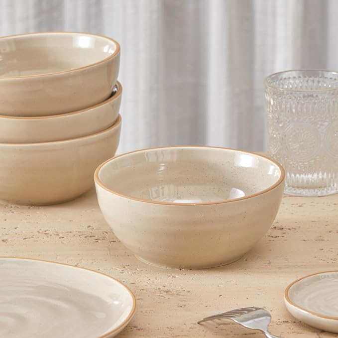 Bico Light Beige 24oz Stoneware Cereal Bowls Set, Microwave and Dishwasher Safe - Image 4