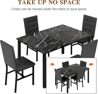 AWQM Dining Table Set for 4,Faux Marble Kitchen Table and Chairs Set of 4, Modern Dining Room Table Set for 4,Dinner Table with 4 Leather Chairs, Dinette Set for Small Spaces (Black&Black)