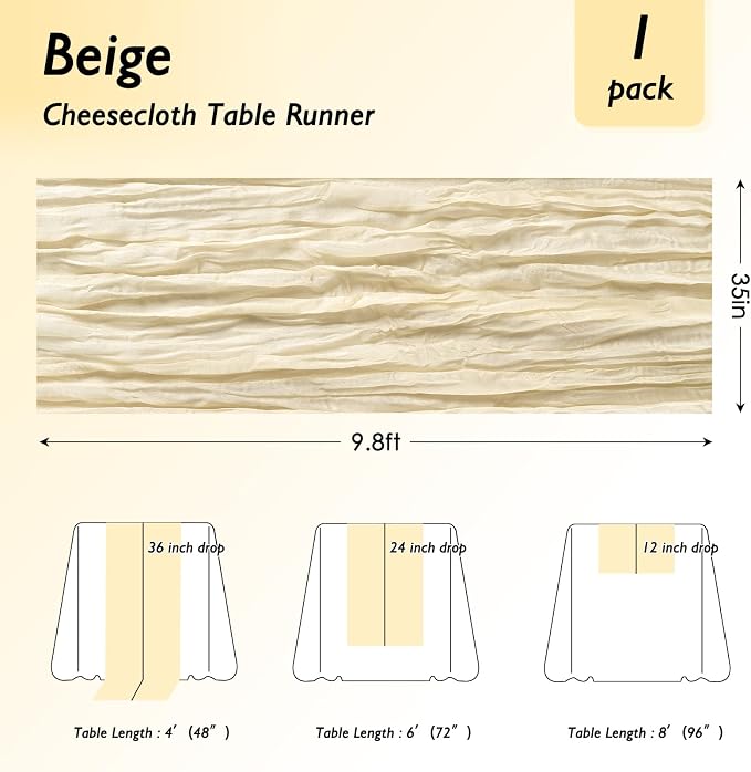 6 Pack Ivory Cream Cheesecloth Table Runner 120 Inch Boho Wedding Decor | - Image 2