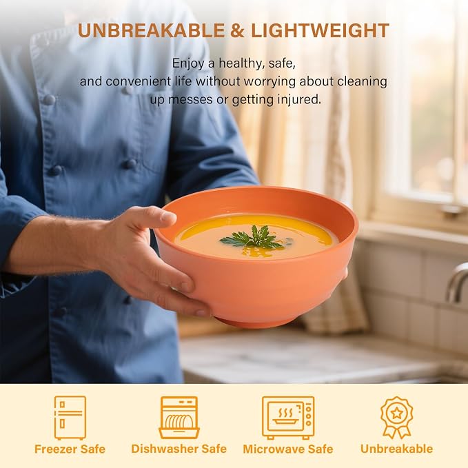 Large Bowl Set of 8, 60 oz Orange Wheat Straw Bowls, Unbreakable & Microwave - Image 4