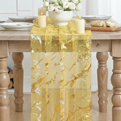 Artoid Mode Marble Pattern Yellow Gauze Table Runner 10FT, Glitter Metallic - Image 2