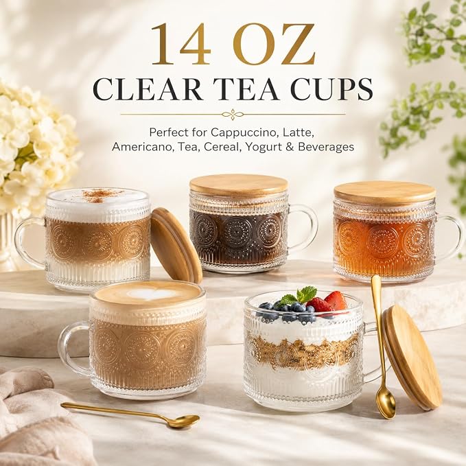 Semderm Vintage Glass Coffee Mugs Set of 4, Overnight Oats Containers - 14oz - Image 4