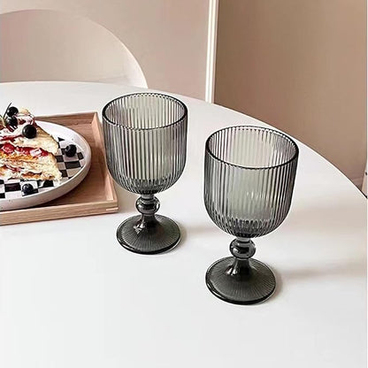 Water Goblets set of 6 Vintage Glassware 13 oz Colored Wine Glass Drinking Glass Vertical Line Embossed Pattern Stemmed Cups for Wedding Party Bar Grey