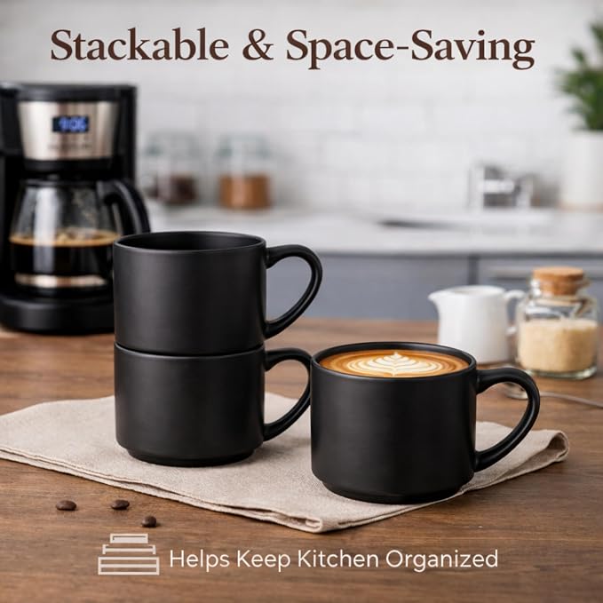 GBhome 14 OZ Coffee Mugs Set of 6, Stackable Matte Black Coffee Cups Set | - Image 2