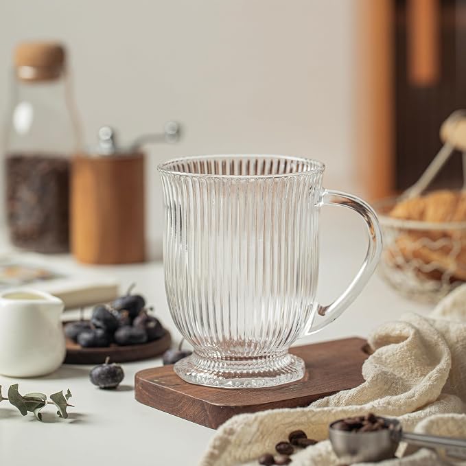 KEMORELA 16oz Ribbed Glass Coffee Mugs Set, Large Glass Mugs - Image 8