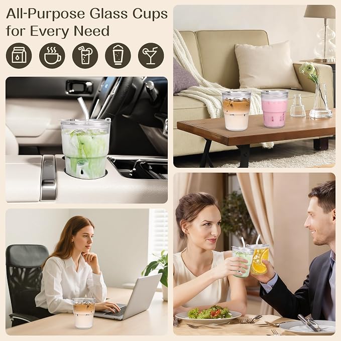 AUFXKOO13oz Glass Tumbler with Straw and Lid，2 Pack Iced Coffee Cups with lids - Image 7