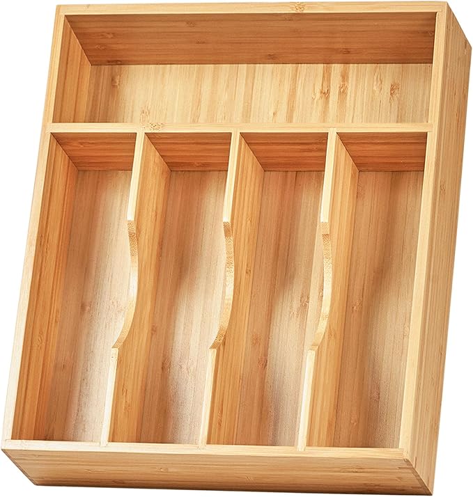 Umilife Bamboo Kitchen Drawer Organizer, 11 Inch Silverware Utensils Tray Holder with Grooved Dividers, 2.4" High Wood Caddy for Flatware Cutlery Knives
