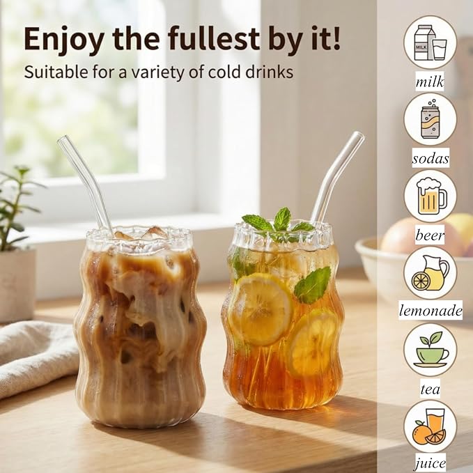 Tebery 4 Pack Cute Drinking Glasses, 16 Oz Ribbed Iced Coffee Cup Tumbler - Image 6
