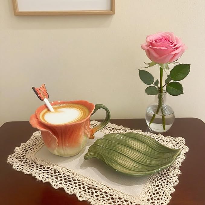 Ceramic Tea Cup and Saucer Set ，6OZ 3D Hand-Painted Flower Coffee Mug，Gift - Image 7
