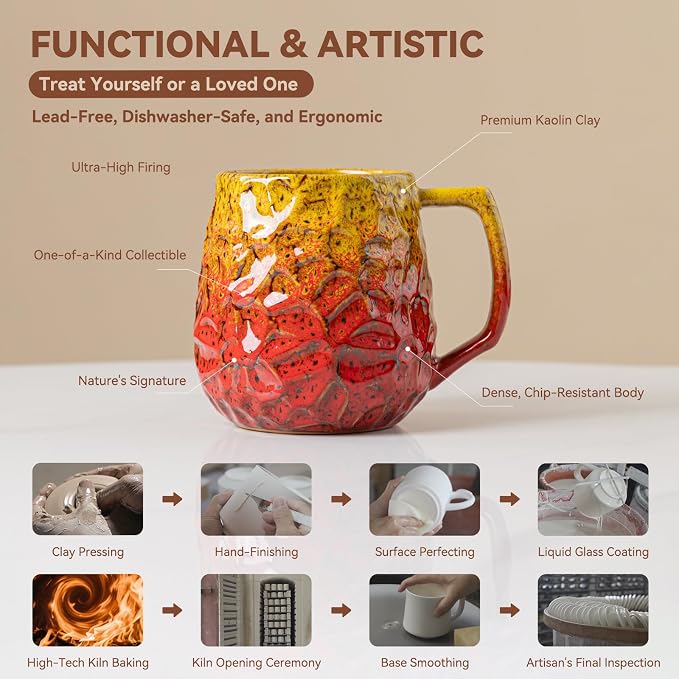 18oz Unique Yellow & Red Kiln-Change Ceramic Coffee Mug, Handcrafted Hammered - Image 6