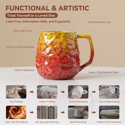 18oz Unique Yellow & Red Kiln-Change Ceramic Coffee Mug, Handcrafted Hammered - Image 6