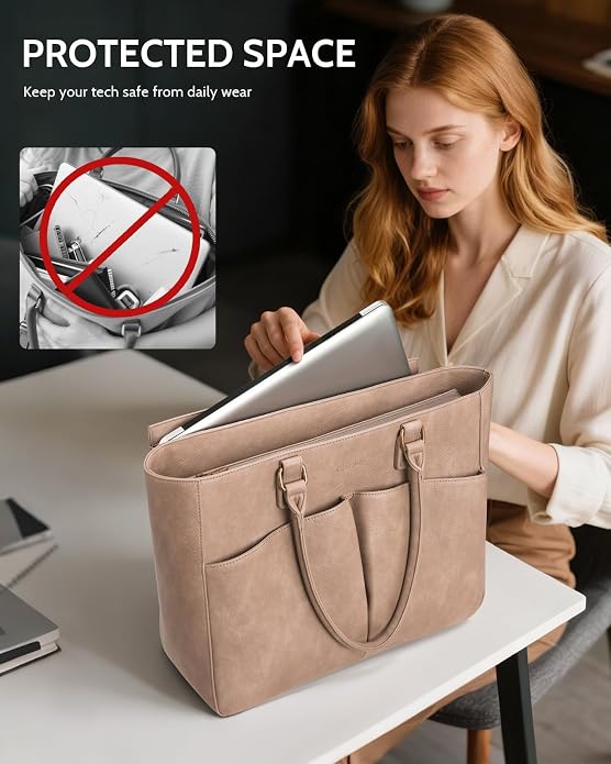 Laptop Tote Bag for Women, Leather Work Tote - Image 3