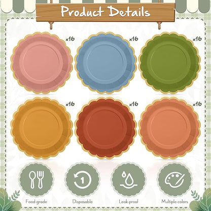 96 Pcs Fall Wildflower Color Paper Plates 9 Inch Colorful Boho Scalloped Paper Disposable Dinner Dessert Plates for Autumn Thanksgiving Birthday Wedding Bridal Party Supplies, 6 Colors