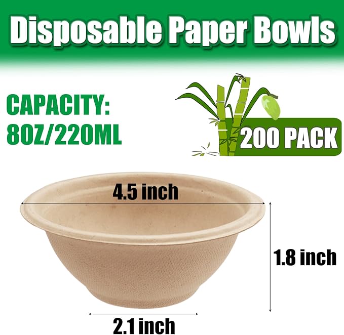 Tiaiidi 200 Pack Compostable Natural Paper Bowls, 8 oz Disposable Paper Bowls - Image 2