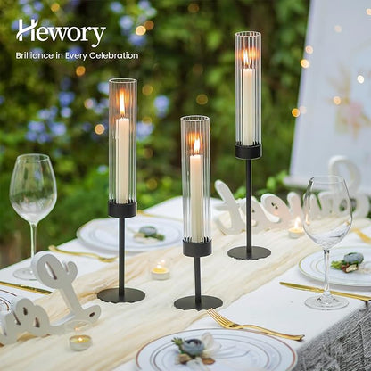 Hewory Black Taper Candle Holders: Candlestick Holders Set of 3 Hurricane Glass Tall Candle Holder for Candlesticks Candle Sticks Holder Decor for Table Centerpiece Wedding Party Christmas Decorations