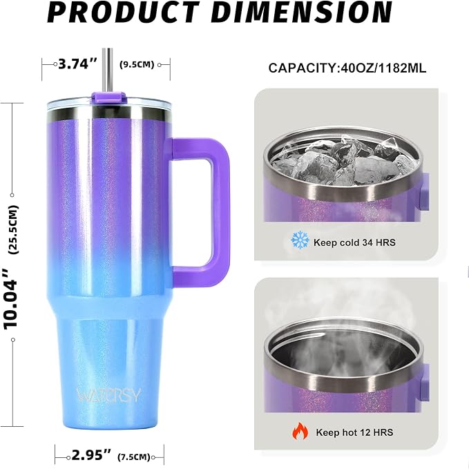 40 oz Shiny Tumbler with Handle and Straw, Stainless Steel Tumbler with Lid and - Image 3