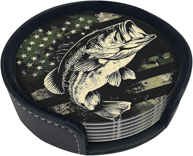 6 Pack Camouflage American Flag Bass Fish Leather Coasters - Image 4