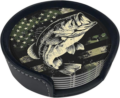 6 Pack Camouflage American Flag Bass Fish Leather Coasters - Image 4