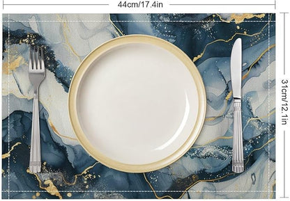 Marble Linen Placemats Set of 2, Modern Abstract Foil Stone Texture Gold Navy Blue Marble Washable Place Mats, Non Slip Placemat for Home Party Dining Tables Wedding Kitchen Banquets Decor 12x17 Inch