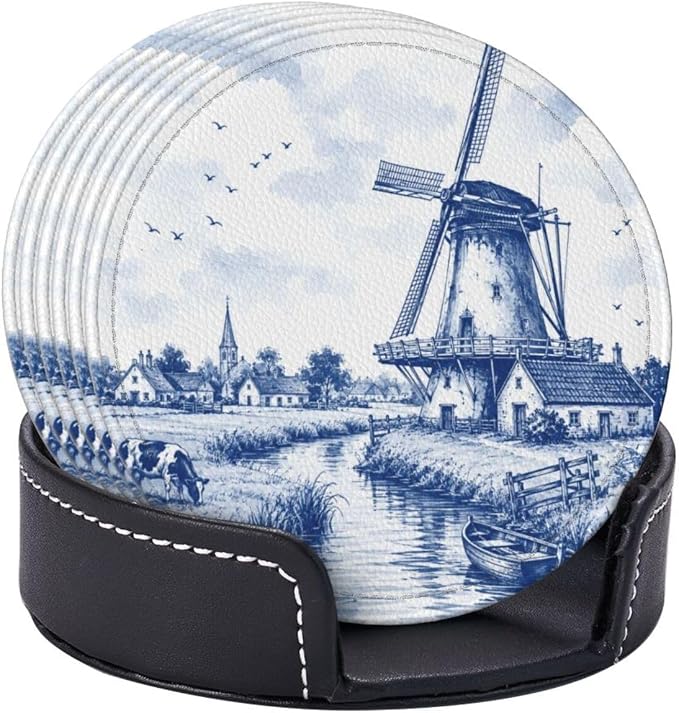 Delft Blue Dutch Windmill Countryside Leather Coasters | 6 Pack Pu Leather - Image 3