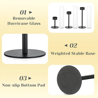 Hewory Black Taper Candle Holders: Candlestick Holders Set of 3 Hurricane Glass Tall Candle Holder for Candlesticks Candle Sticks Holder Decor for Table Centerpiece Wedding Party Christmas Decorations
