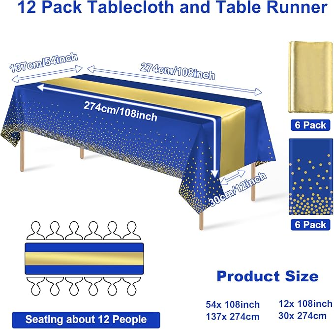 12Pack Disposable Plastic Tablecloths and Satin Table Runner Set Blue and Gold - Image 2
