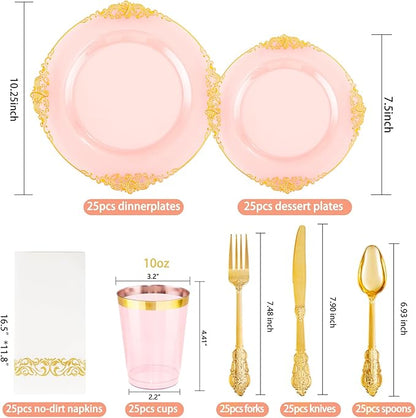 Hioasis 175pcs Pink and Gold Plates - Pink Party Plates for 25 Guest, Include 50 Heavy-duty Plates(20% Thicker Than Standard), 75 Cutlery Set, 25 Napkin, 25 Cups