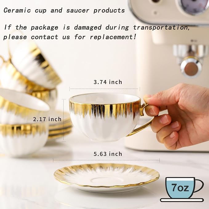LETAOTAO Cappuccino Cups with Saucers, 7oz Tea Cup Set of 6 with Gold Trim | - Image 6