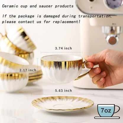 LETAOTAO Cappuccino Cups with Saucers, 7oz Tea Cup Set of 6 with Gold Trim | - Image 6