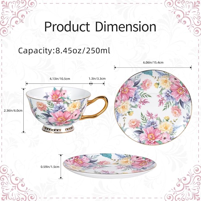 KAMMAK Tea Cups and Saucers Set of 2, Porcelain Coffee Cups, JBE018 | Stackable - Image 2
