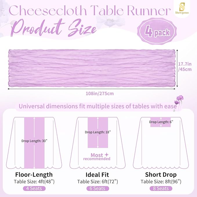 Showgeous 4 Pack Lilac Purple Cheesecloth Table Runner, 17 x 108 Inches | Boho - Image 2
