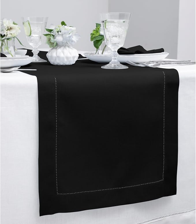Solino Home 100% Linen Table Runner Black, Classic Hemstitch 14 x 120 in | - Image 2