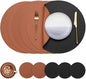 Myir JUN Round Placemats Set of 6 Faux Leather Place Mats and Coasters 15 inch Round Table Mats Dual Sided Non-Slip Stain Resistant Placemats (Black & Brown, Set of 6)