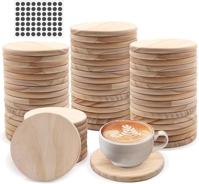 60 Pack 4 Inch Unfinished Round Wood Coasters by SIJDIEE