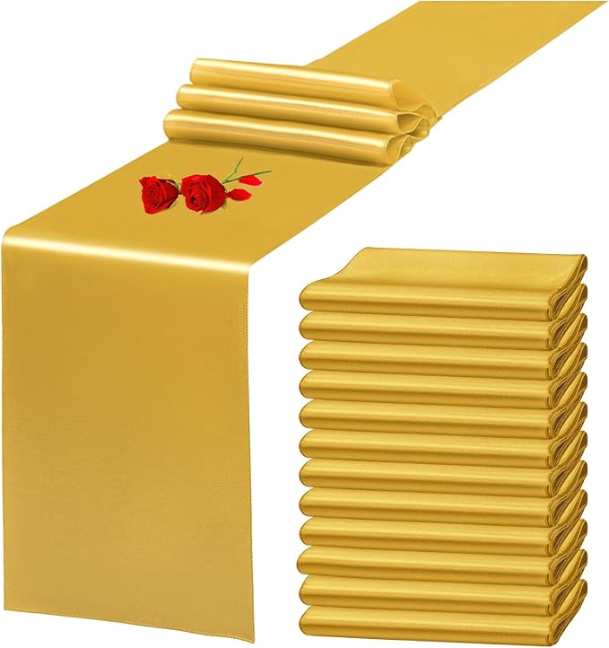 12 Pack Gold Satin Table Runner 12 x 108 Inch Long Premium Table Runners by YMHPRIDE