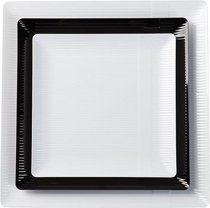 Exquisite Disposable-Black-Plastic-Plates-Square Linear (40 Pack) Wedding Dinner Fancy Tableware Dishes (10.25 Inch., Black) Single Size Set