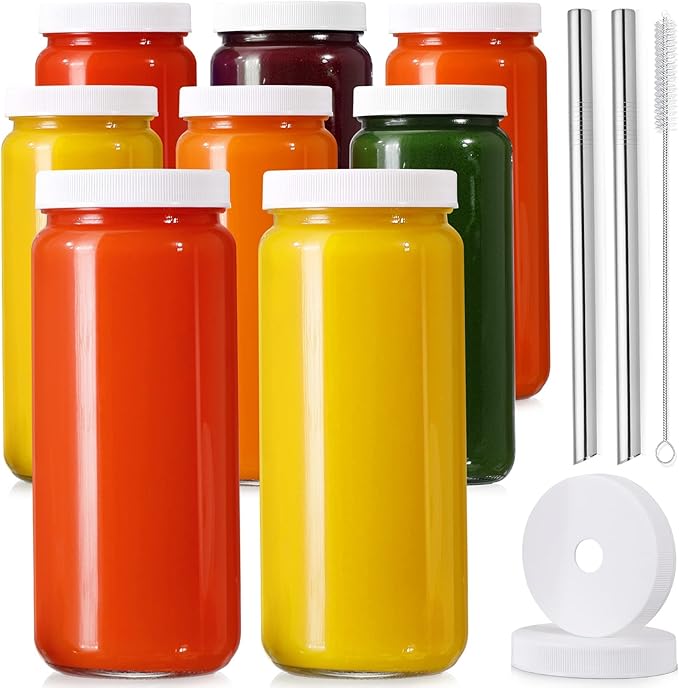 Glass Juicing Bottles with 2 Straws & 2 Lids w Hole- 16 OZ Travel Drinking Jars by AOZITA