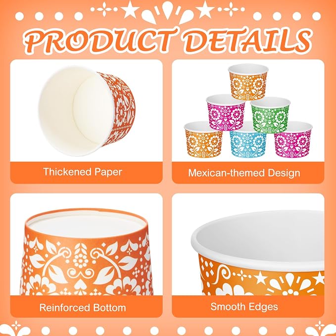 CHENGU 60 Pcs Mexican Flowers Snack Cups 9 oz Disposable Mexican Flowers Ice - Image 3