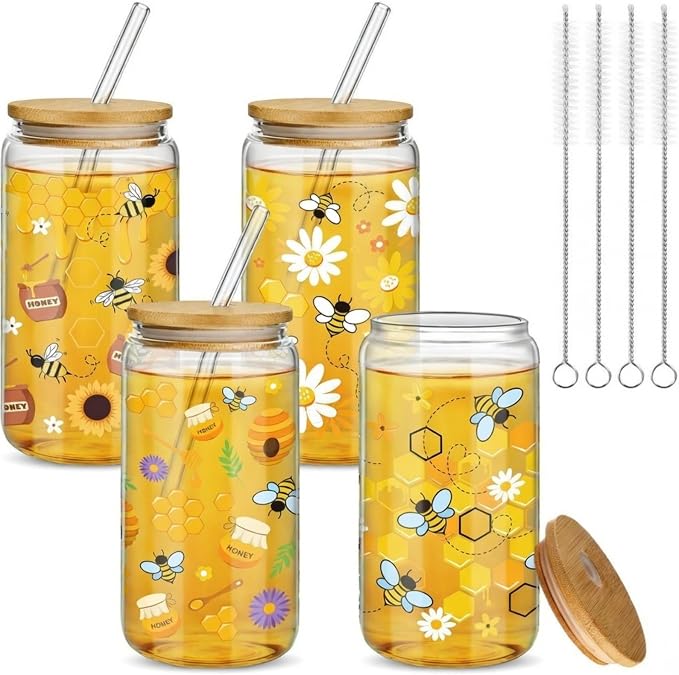 Mumufy 4 Pack Wildflower Glass Cups Gift Aesthetic Cute Glass Cup Tumbler by Mumufy