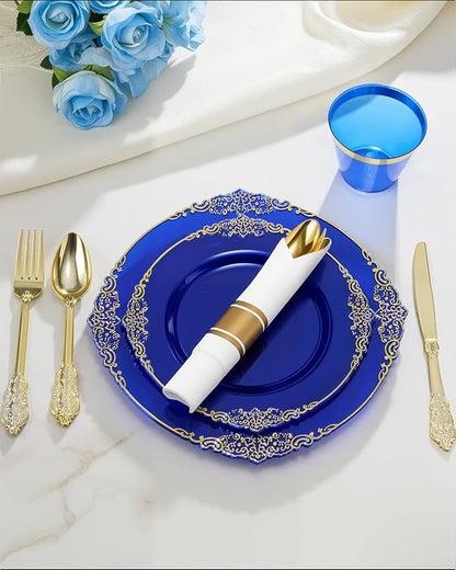 Goodluck 350 Piece Clear Blue Plastic Dinnerware Set for 50 Guests, Fancy Disposable Plates, Include: 100 Blue Rim Plastic Plates, 150 Silverwares, 50 Pre Rolled Napkins, 50 Cups for Party, Wedding