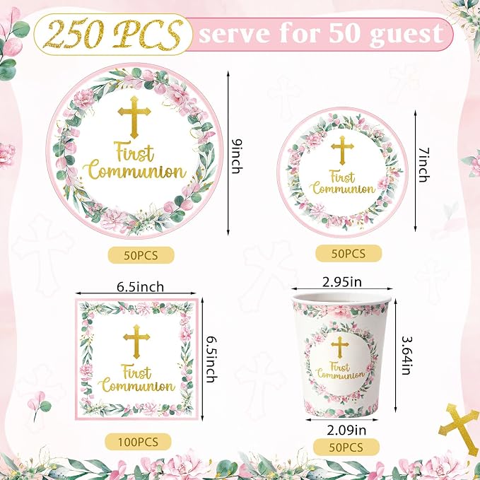 Pickmesh 250 Pcs Pink First Holy Communion Disposable Tableware Set God Bless - Image 2
