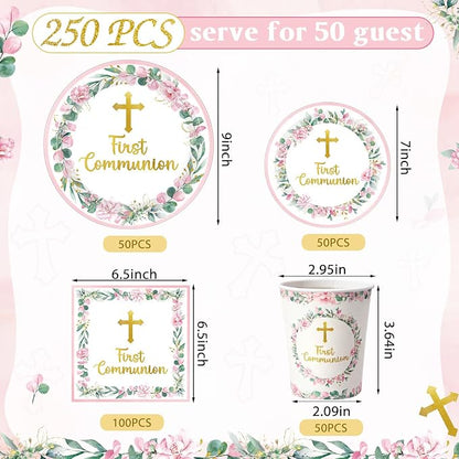 Pickmesh 250 Pcs Pink First Holy Communion Disposable Tableware Set God Bless - Image 2