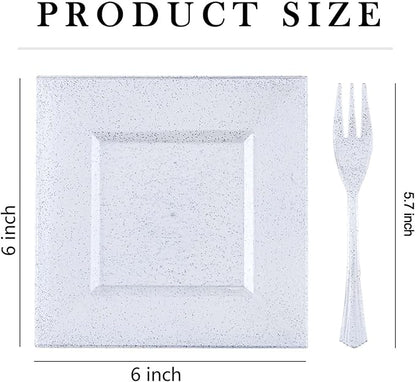 DaYammi 100Pcs Dessert Plates Set Including 50Pcs Cake Plates 6",50Pcs Plastic Forks 5.7",Silver Glitter Square Plastic plates for Party,Silver Appetizer plates and Forks for Wedding Party Birthday