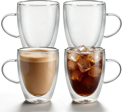 4 Pack Double Wall Glass Coffee Mugs, 12oz Glass Coffee Cup by Pitmoly