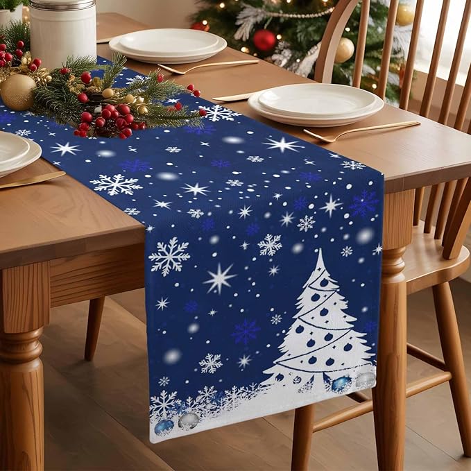 Navy Blue Christmas Tree Table Runner 60 Inches Long, Xmas Balls Snowflake - Image 3
