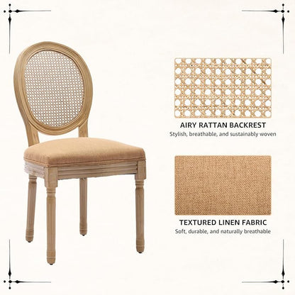 Vintage French Rattan Dining Chairs Set of 6, Round Back Accent Chairs with Rattan Backrest and Upholstered Linen Seat, Solid Wood Frame Sillas de Comedor for Dining Room & Kitchen, Camel