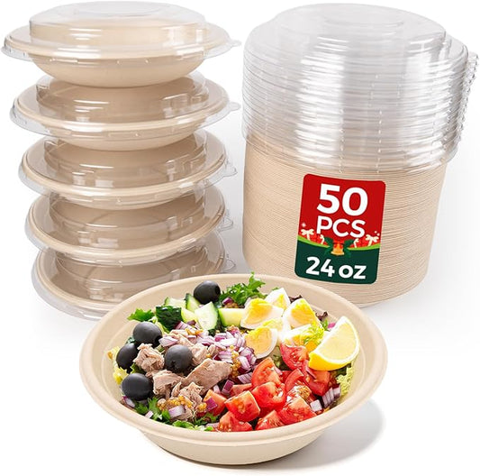 50-Pack 24oz Round Disposable Bowls with Lids - 100% Sugarcane Fiber, Paper Round Bowls for Soup, Salad, Ramen, Popcorn